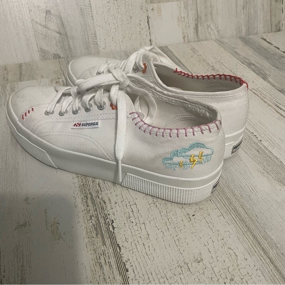 Superga 2740 Happy Logo Colorful Embroidered Platform Sneakers White size 7.5 - Picture 2 of 7